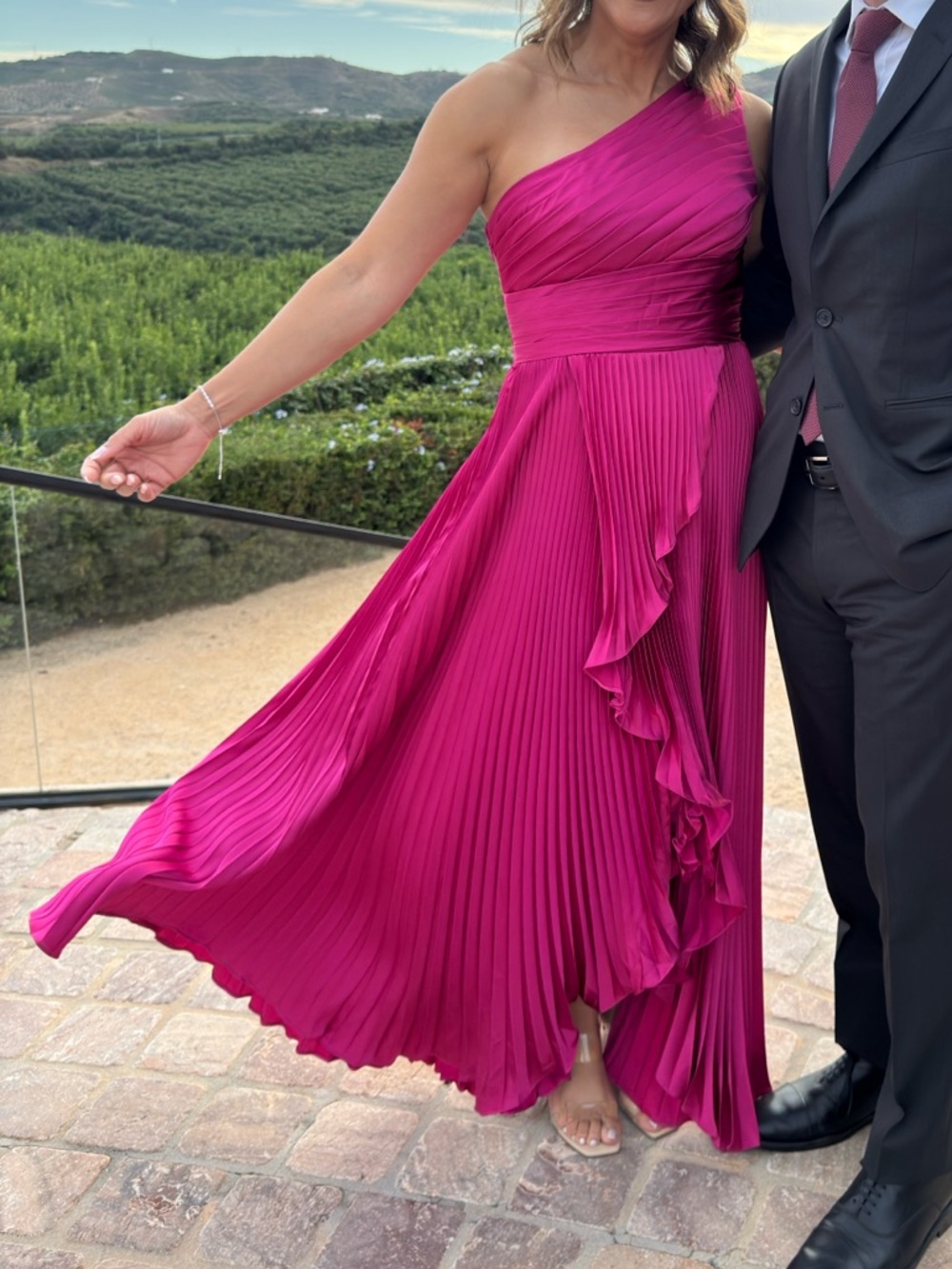 Christian Siriano One-Shoulder Ruffled Pleated Maxi Dress in Fuchsia